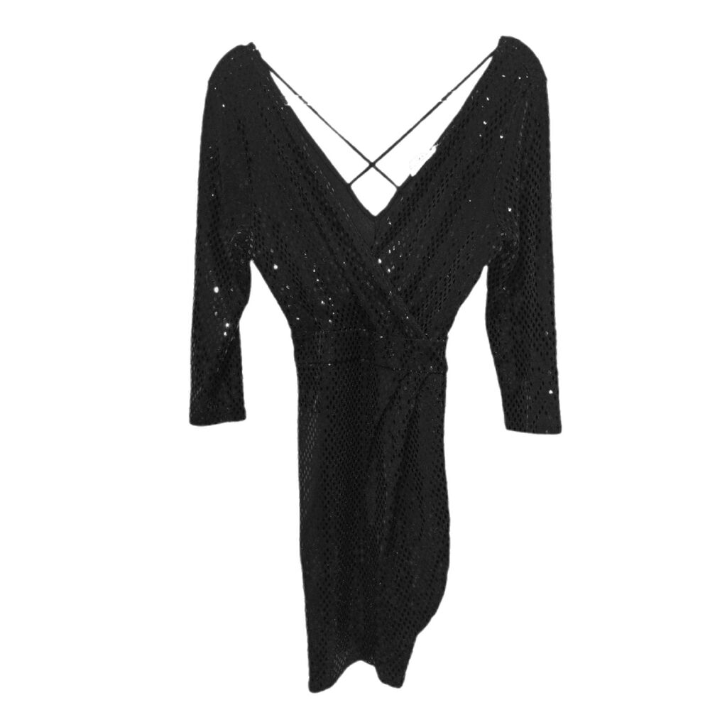 Olive Tree Black Sequined Faux Wrap Dress Size L NIght Wedding Glamorous Party